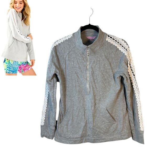 Lilly Pulitzer Skipper Solid Popover Lace Sleeve 1/4 Zip Seaside Grey Size Small - Picture 1 of 7